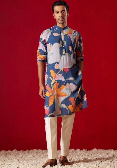 Navy Blue Floral Print Poly Blend Kurta Set For Men