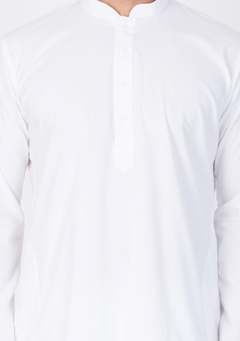 White Solid Poly Blend Kurta Set For Men