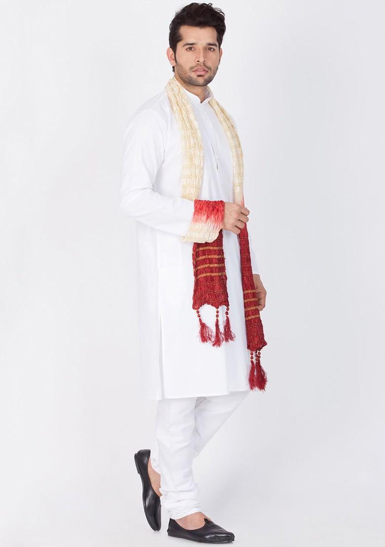 White Solid Poly Blend Kurta Set For Men