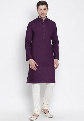 Purple Solid Poly Blend Kurta Set For Men