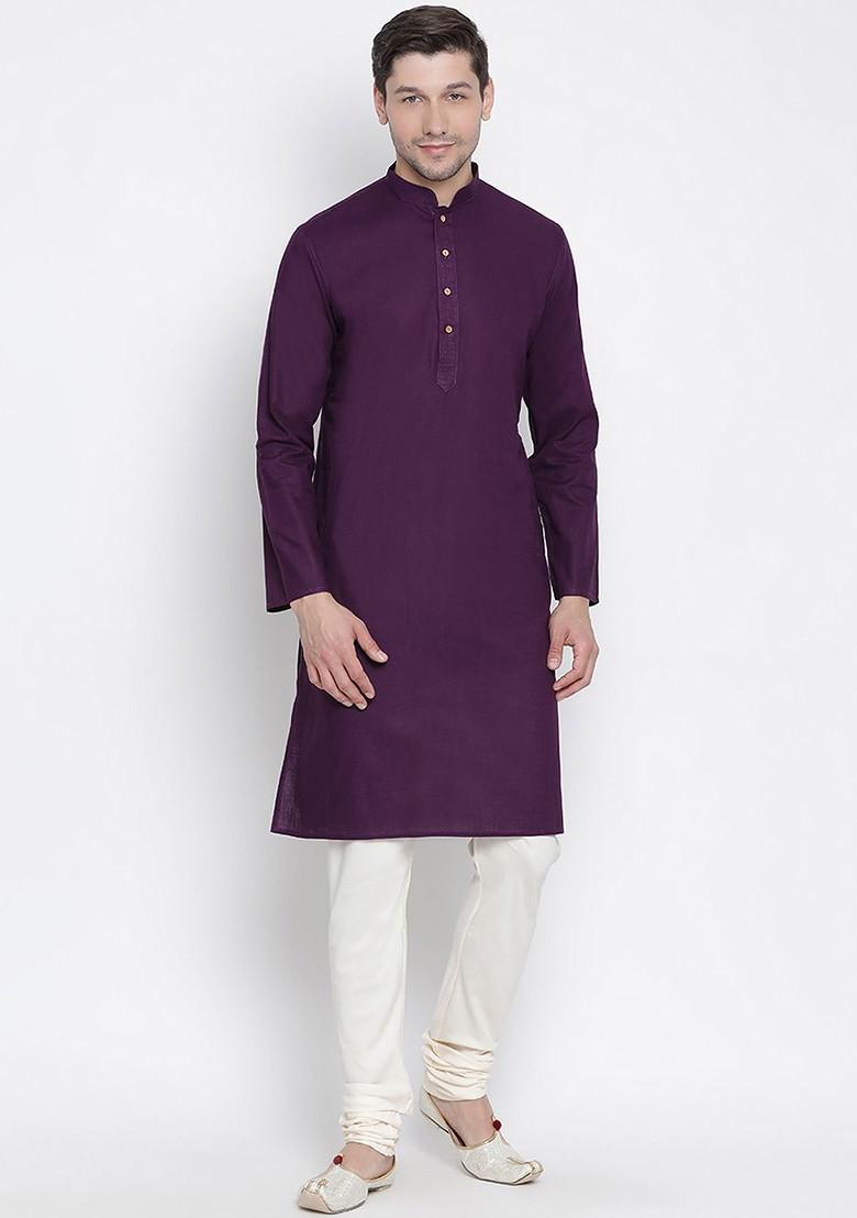 Purple Solid Poly Blend Kurta Set For Men
