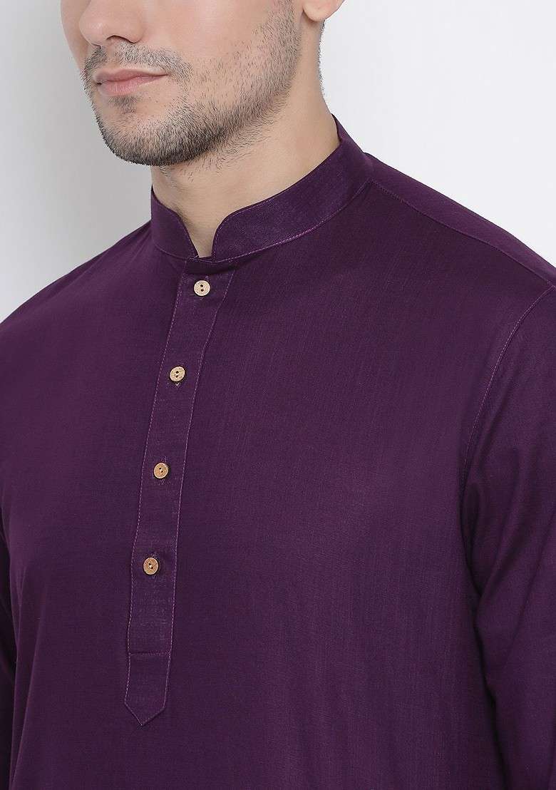 Purple Solid Poly Blend Kurta Set For Men - Indya