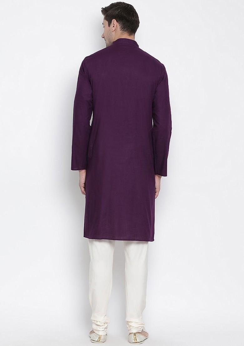 Purple Solid Poly Blend Kurta Set For Men