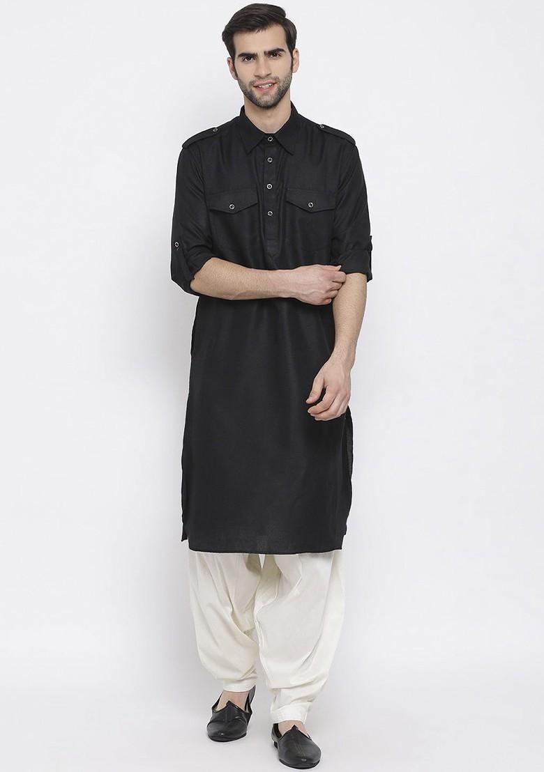 Black Solid Pathani Kurta Set For Men