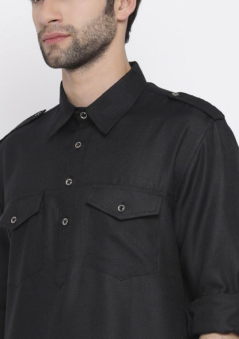 Black Solid Pathani Kurta Set For Men