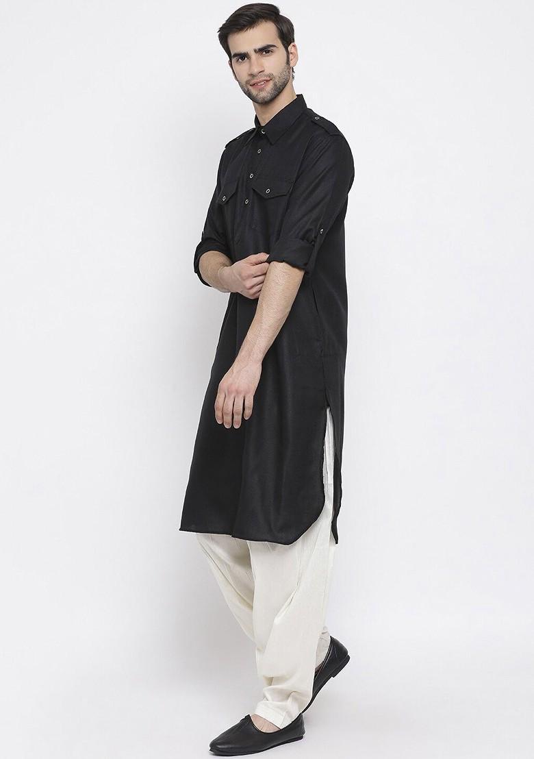 Black Solid Pathani Kurta Set For Men