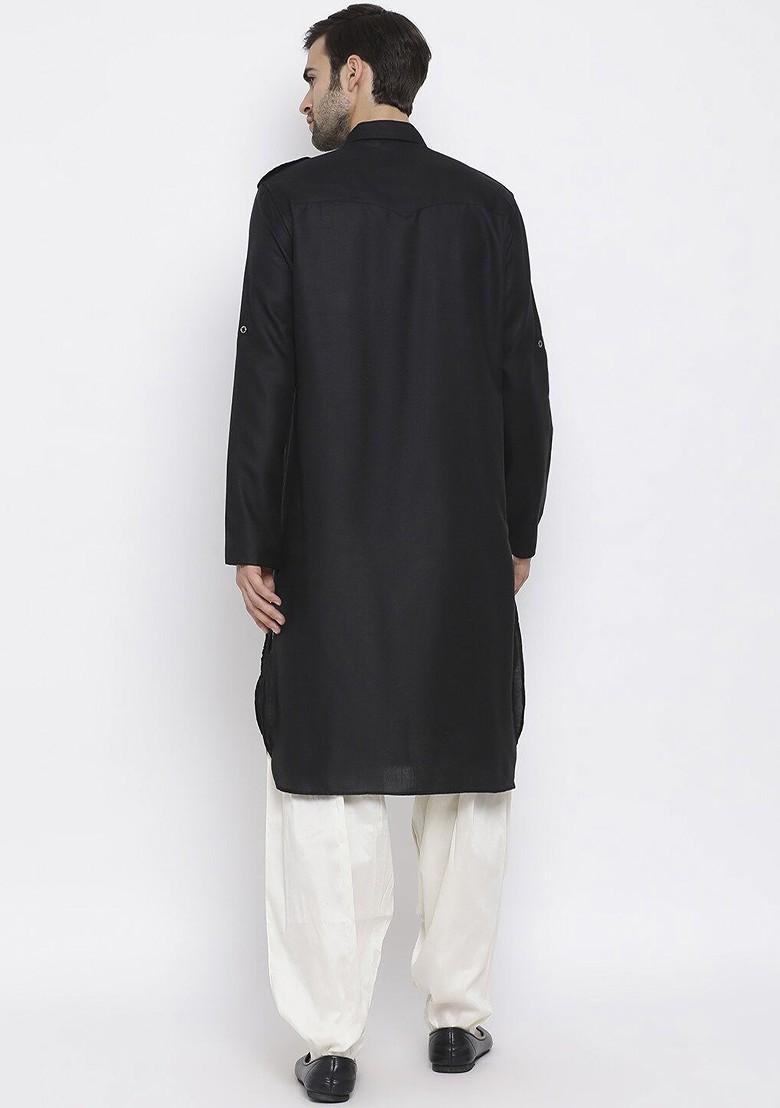 Black Solid Pathani Kurta Set For Men