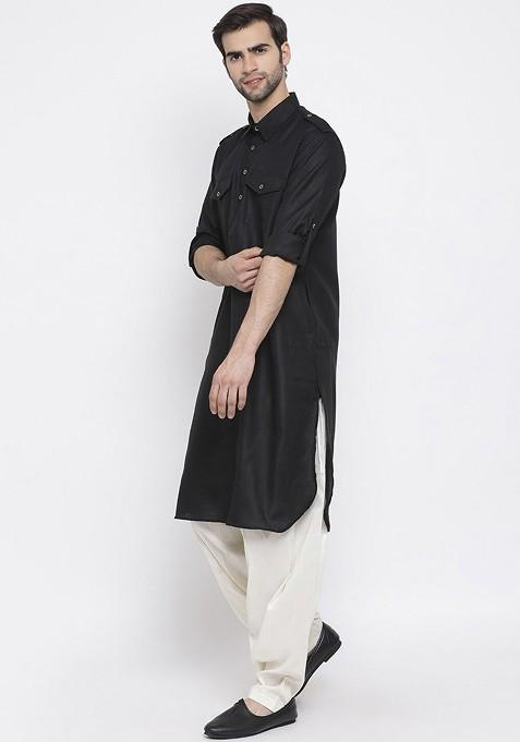 Black Solid Pathani Kurta Set For Men