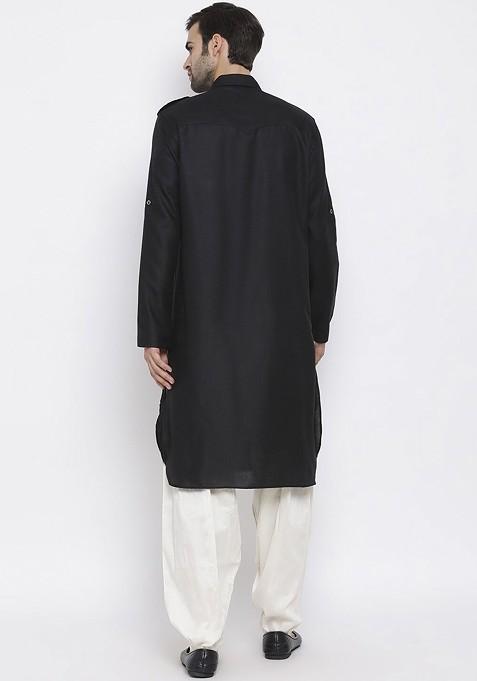 Black Solid Pathani Kurta Set For Men