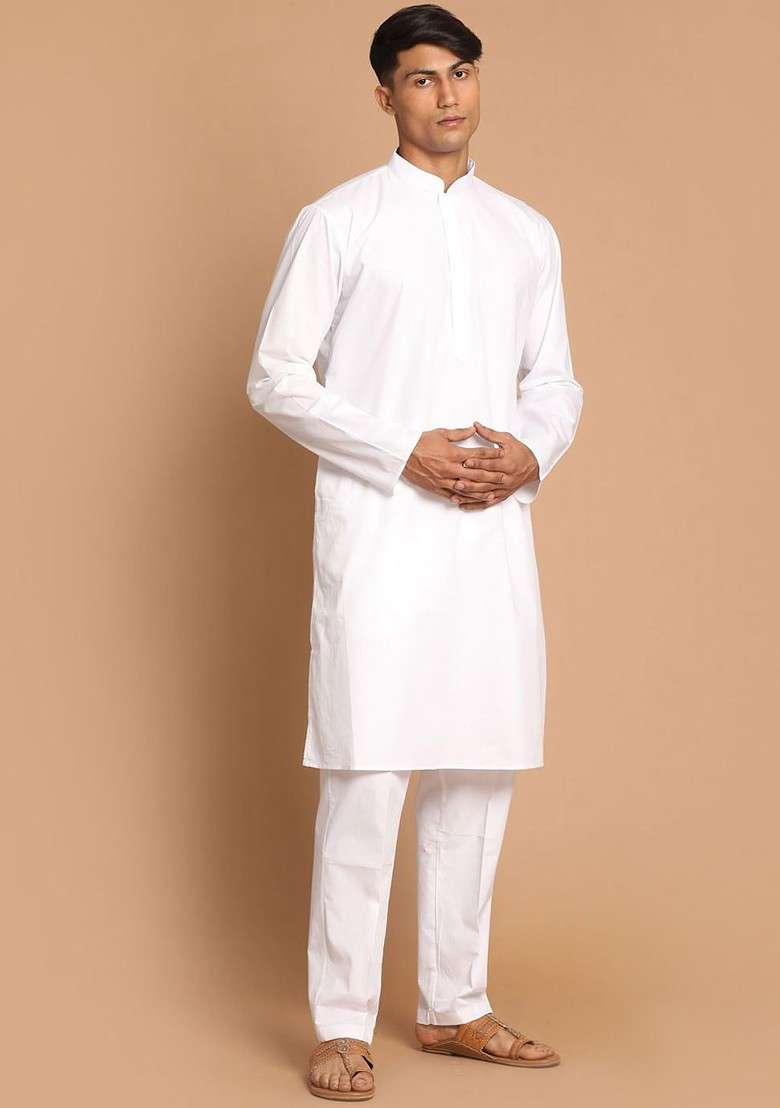 White Solid Cotton Kurta Set For Men - Indya