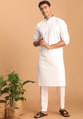 White Striped Poly Blend Kurta Set For Men