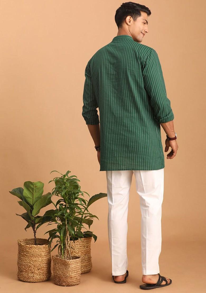 Green Striped Cotton Kurta Set For Men