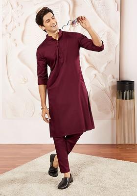 Burgundy Solid Poly Blend Kurta Set For Men