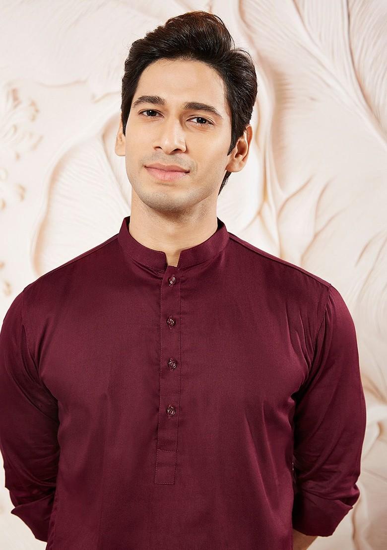 Burgundy Solid Poly Blend Kurta Set For Men