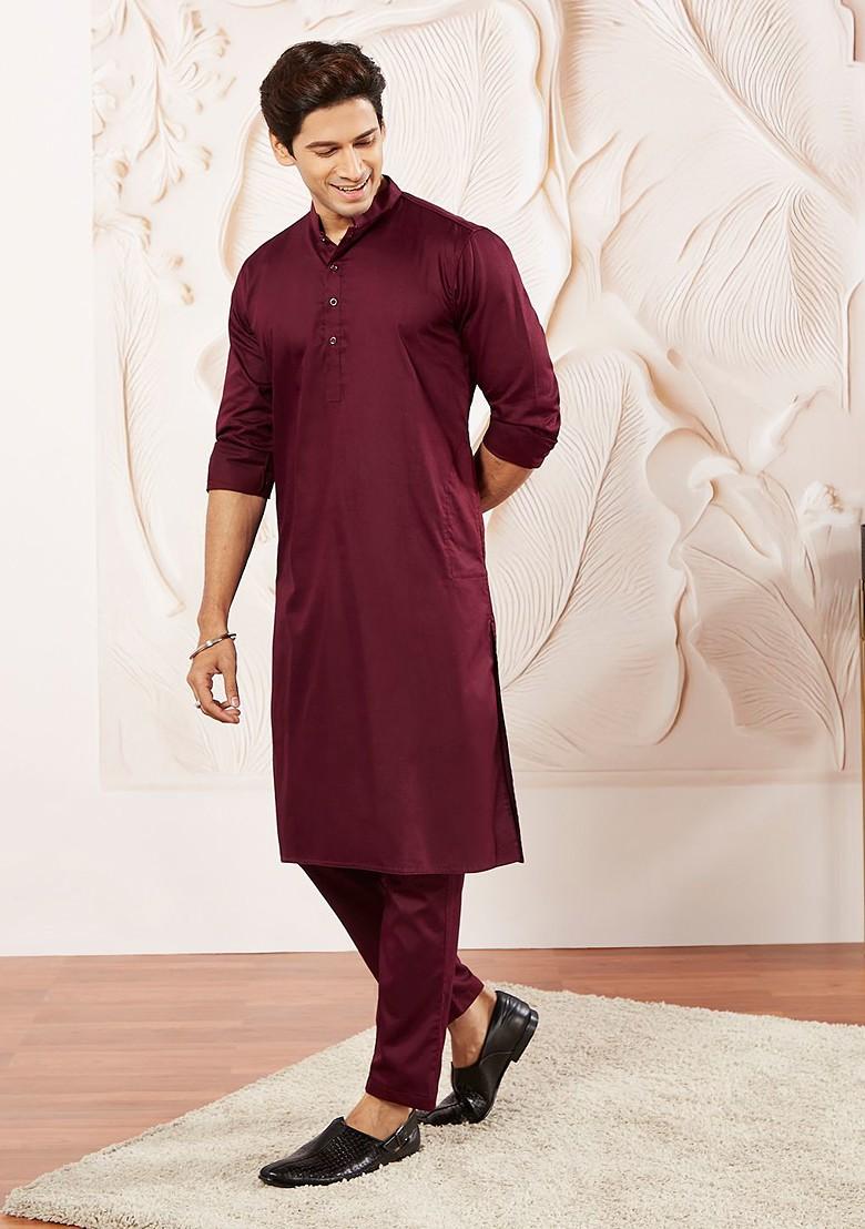 Burgundy Solid Poly Blend Kurta Set For Men