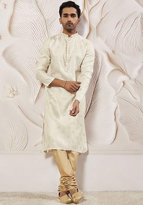 Cream Ethnic Motifs Poly Blend Kurta Set For Men