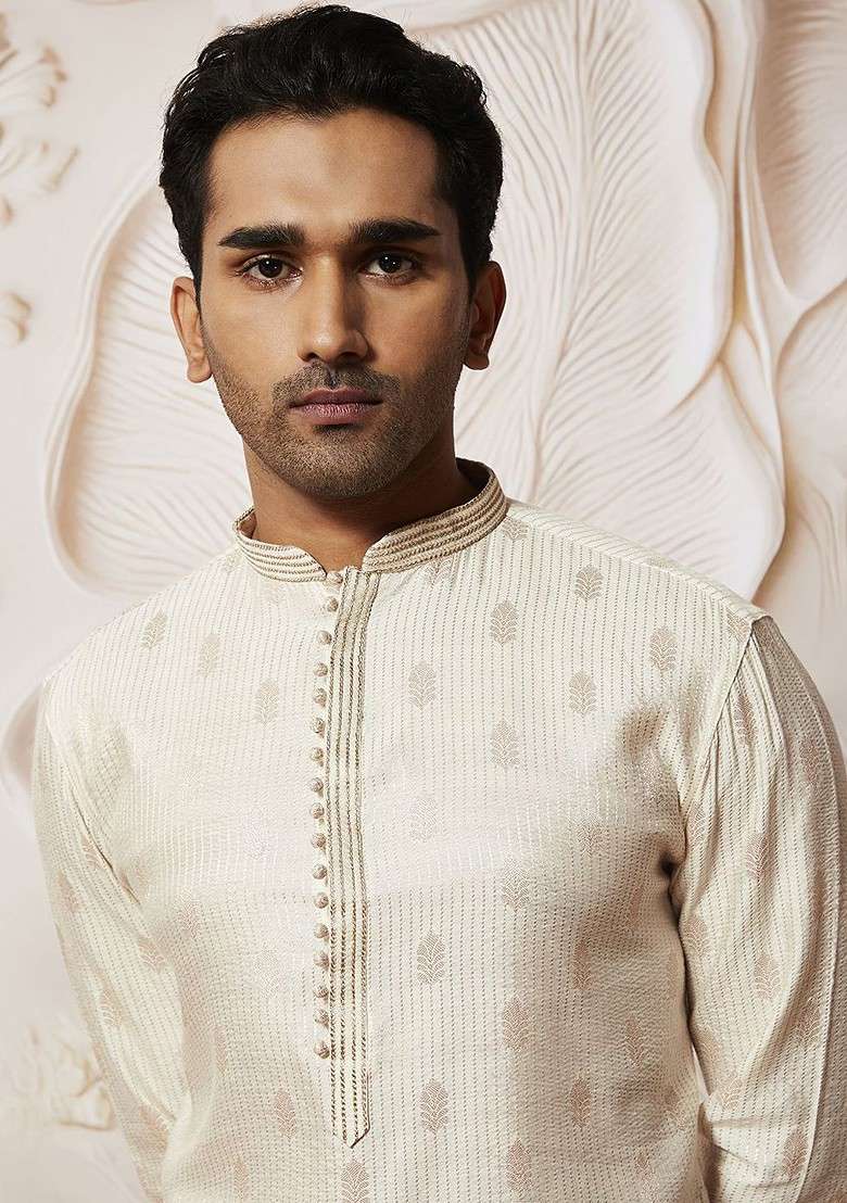 Cream Ethnic Motifs Poly Blend Kurta Set For Men - Indya