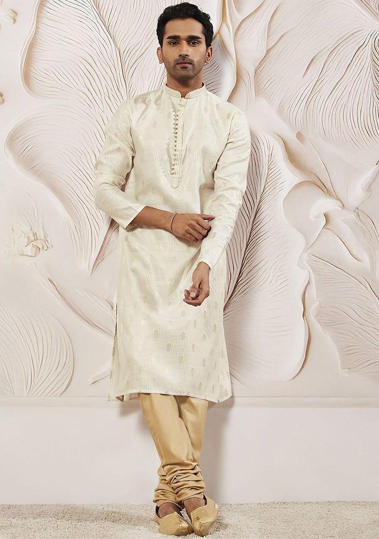 Cream Ethnic Motifs Poly Blend Kurta Set For Men