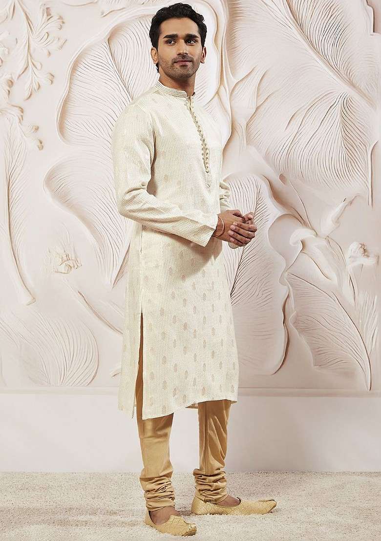 Cream Ethnic Motifs Poly Blend Kurta Set For Men - Indya