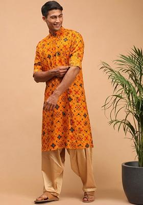 Yellow Ethnic Motifs Poly Blend Kurta Set For Men