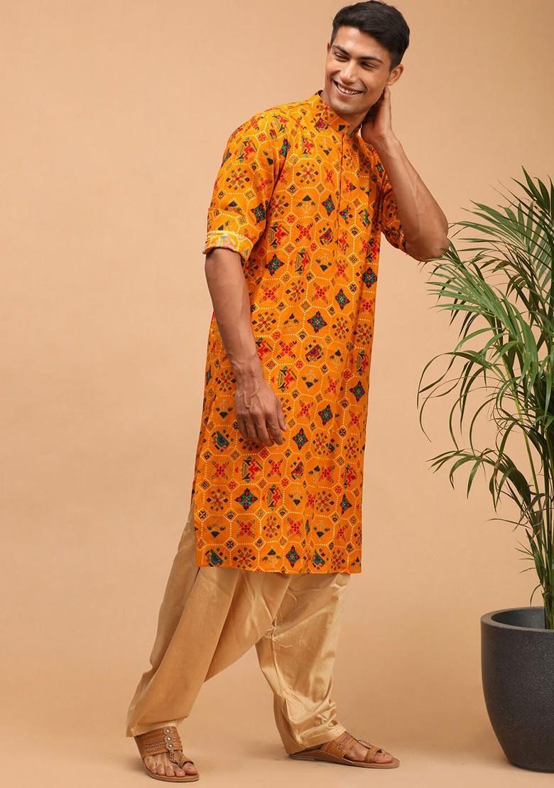 Yellow Ethnic Motifs Poly Blend Kurta Set For Men