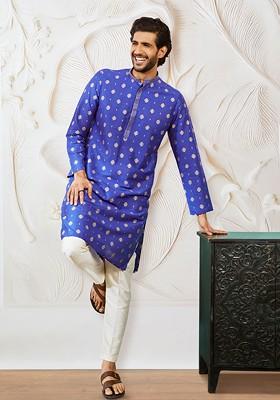 Blue Ethnic Motifs Poly Blend Kurta Set For Men