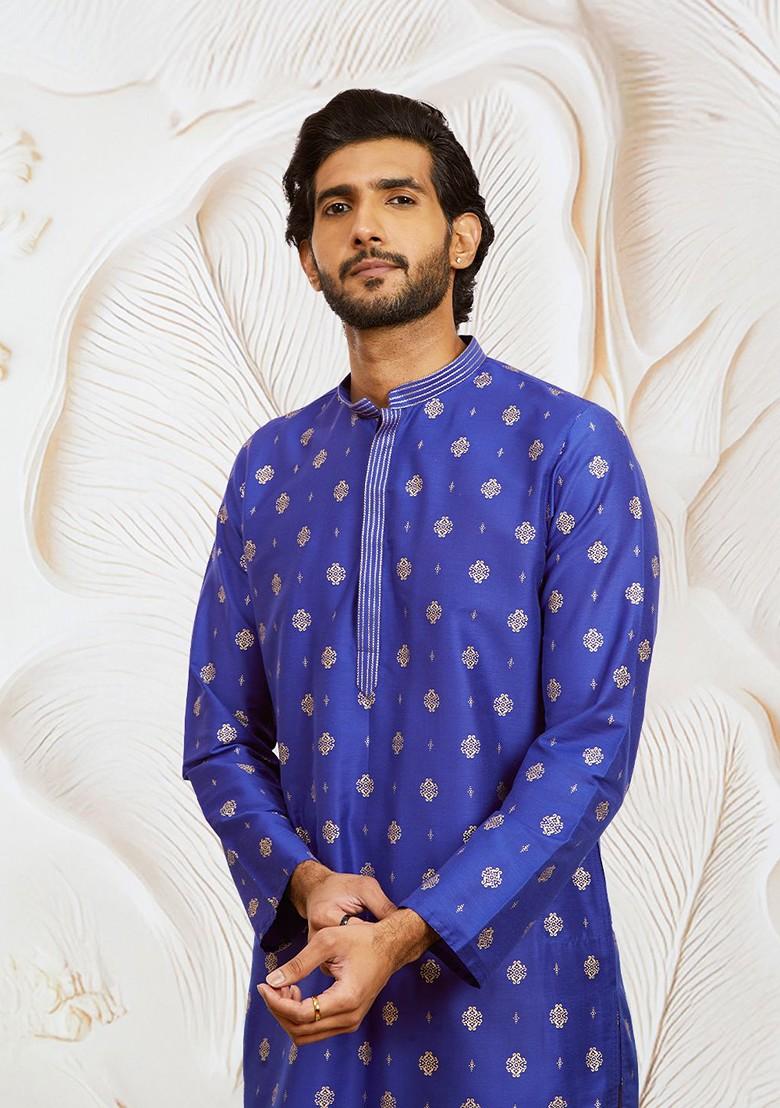 Blue Ethnic Motifs Poly Blend Kurta Set For Men