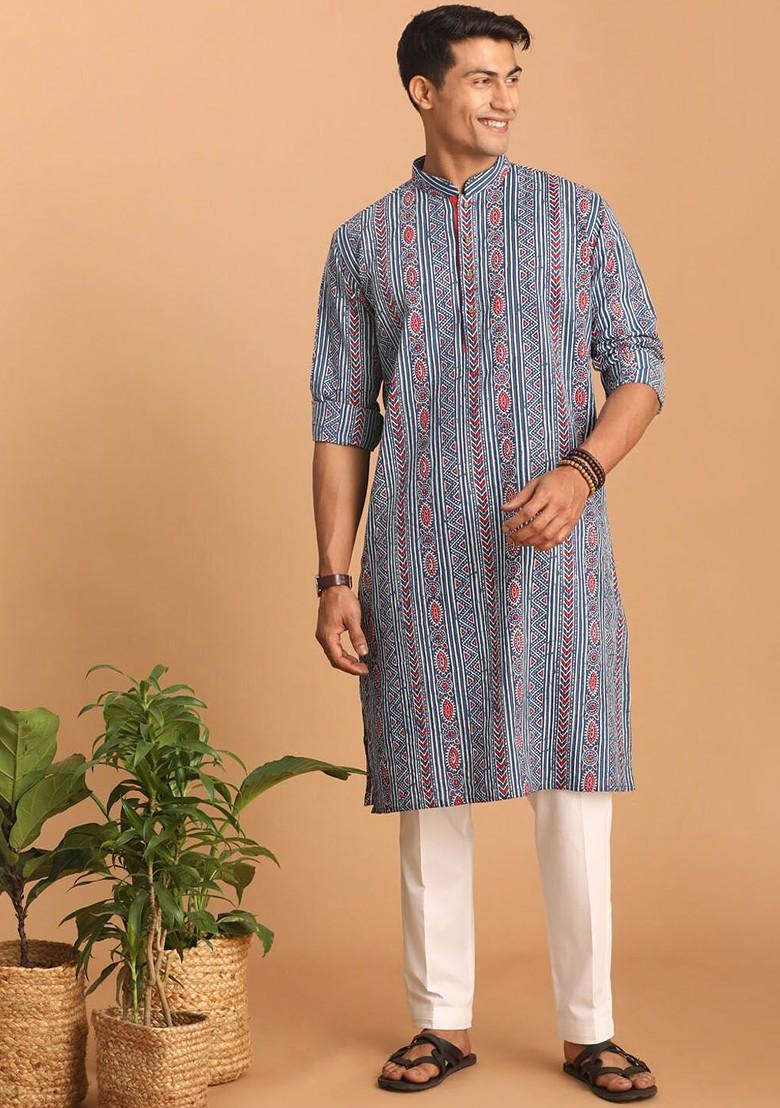 Blue Ethnic Motifs Cotton Kurta Set For Men