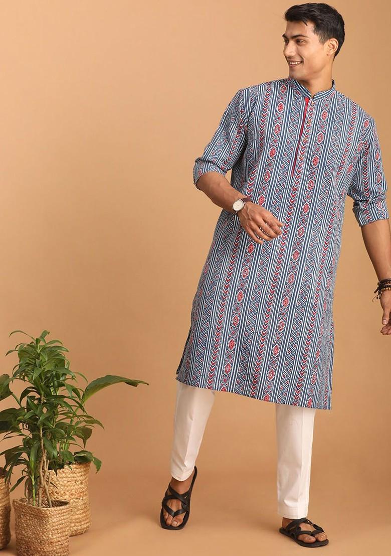 Blue Ethnic Motifs Cotton Kurta Set For Men