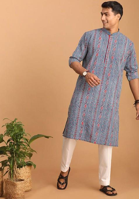 Blue Ethnic Motifs Cotton Kurta Set For Men
