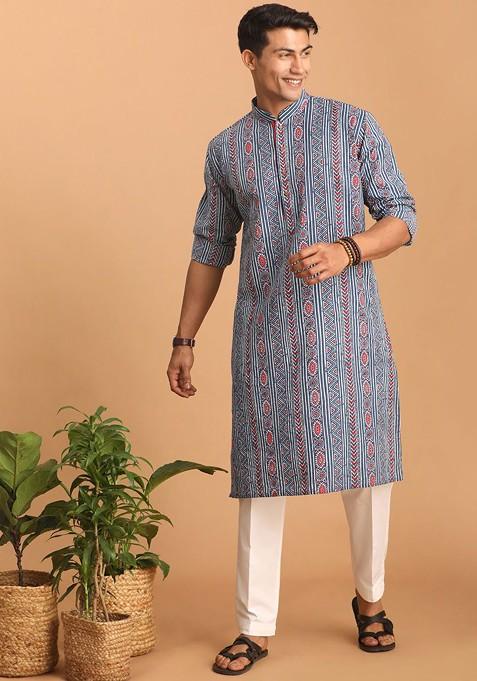 Blue Ethnic Motifs Cotton Kurta Set For Men