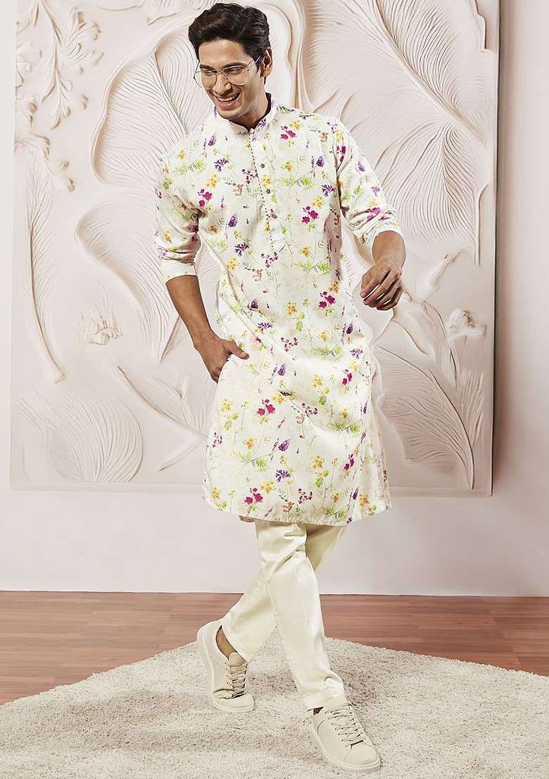 Cream Floral Print Poly Blend Kurta Set For Men - Indya