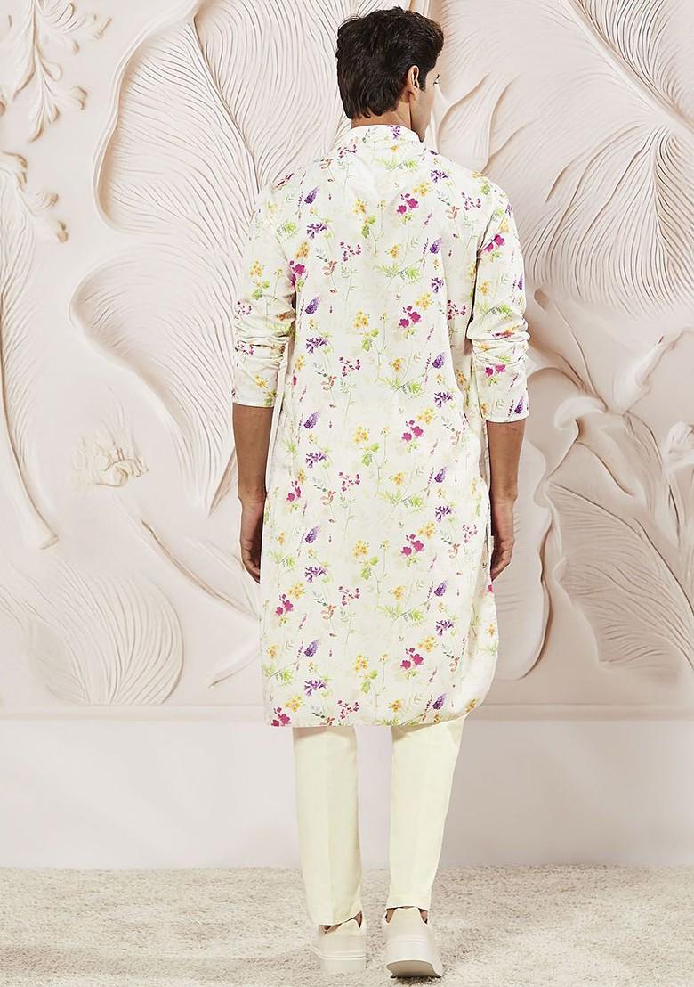 Cream Floral Print Poly Blend Kurta Set For Men