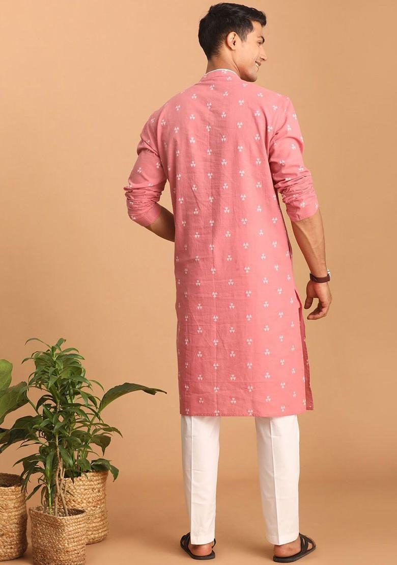 Pink Geometric Print Cotton Kurta Set For Men