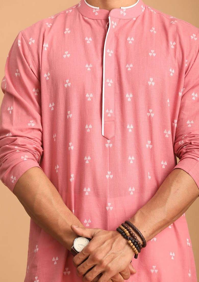 Pink Geometric Print Cotton Kurta Set For Men - Indya