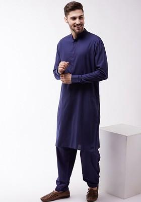 Blue Solid Poly Blend Kurta Set For Men