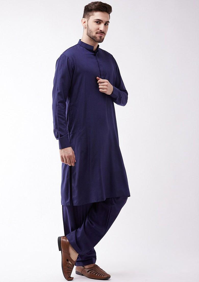 Blue Solid Poly Blend Kurta Set For Men