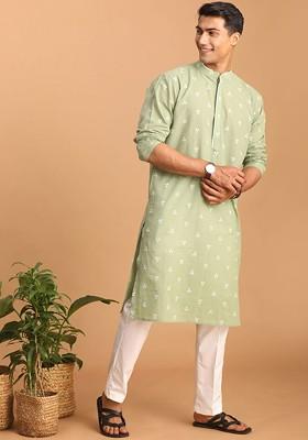 Green Woven Cotton Kurta Set For Men