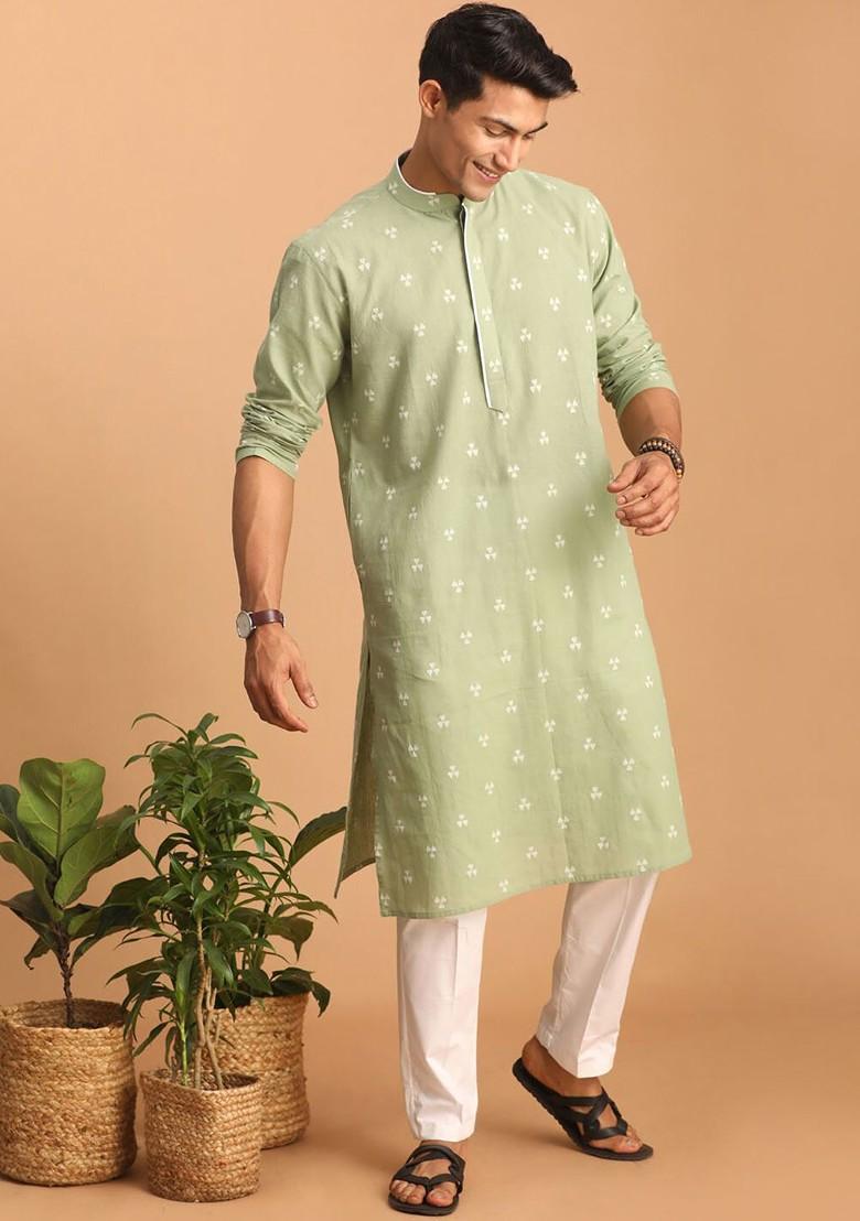Green Woven Cotton Kurta Set For Men