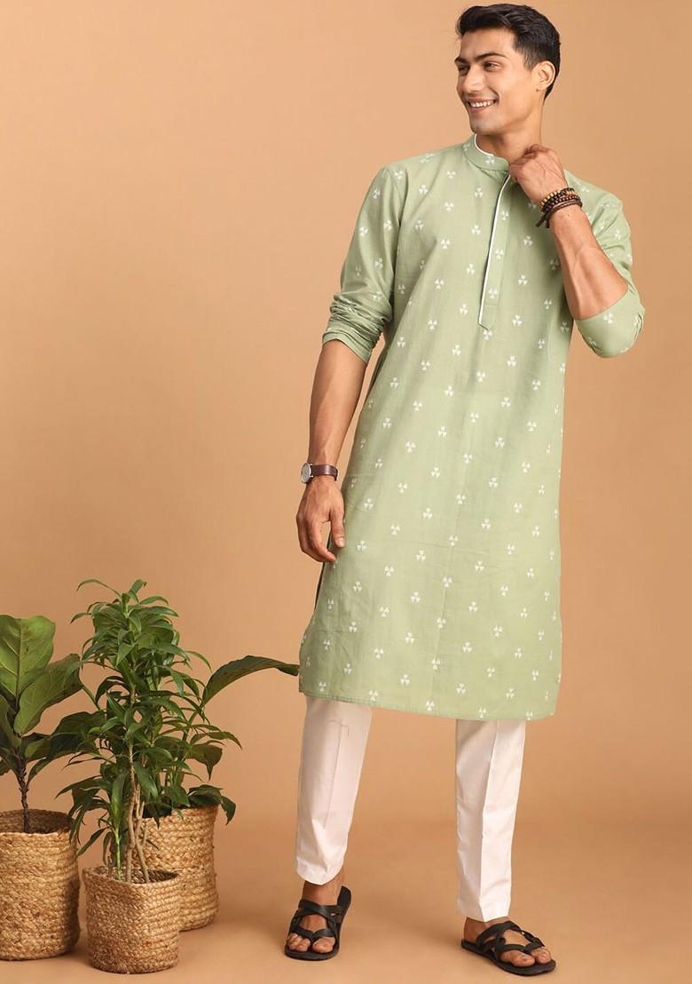Green Woven Cotton Kurta Set For Men