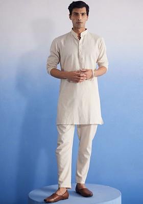 Cream Solid Cotton Kurta Set For Men