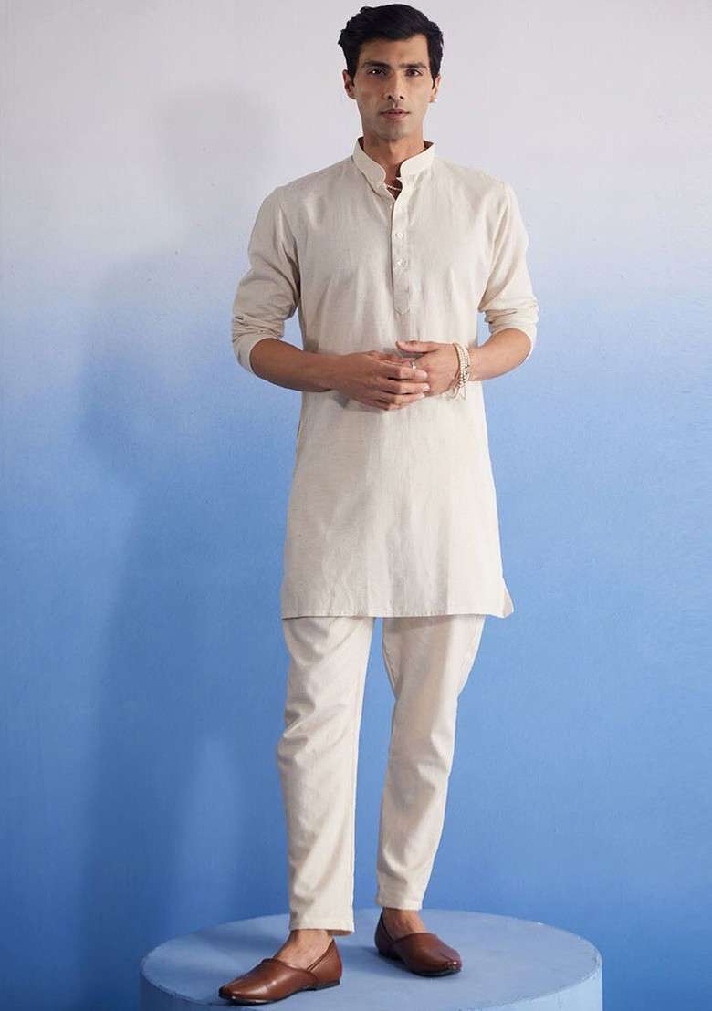 Cream Solid Cotton Kurta Set For Men - Indya
