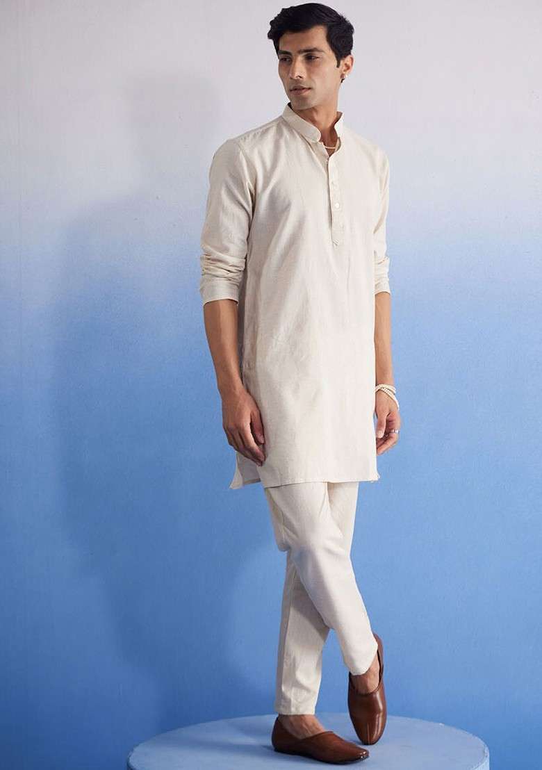 Cream Solid Cotton Kurta Set For Men - Indya