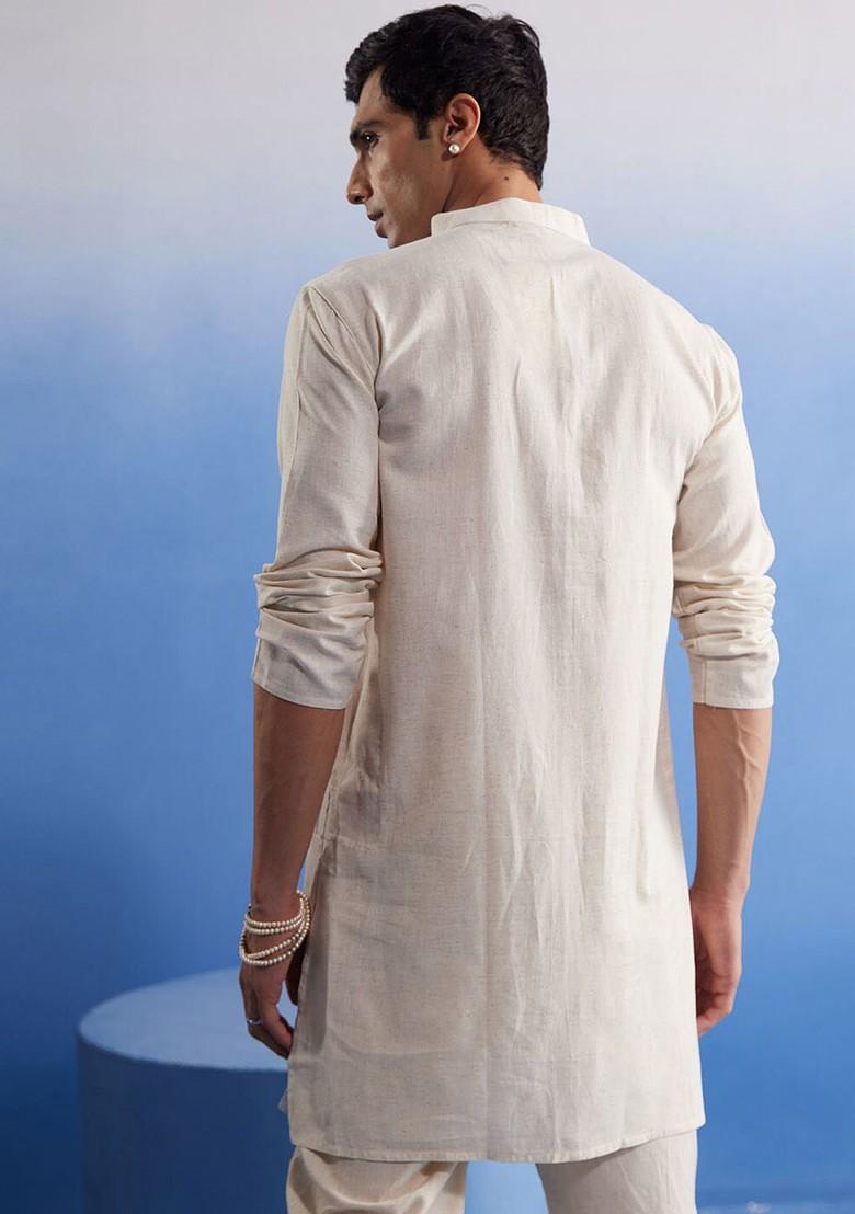 Cream Solid Cotton Kurta Set For Men