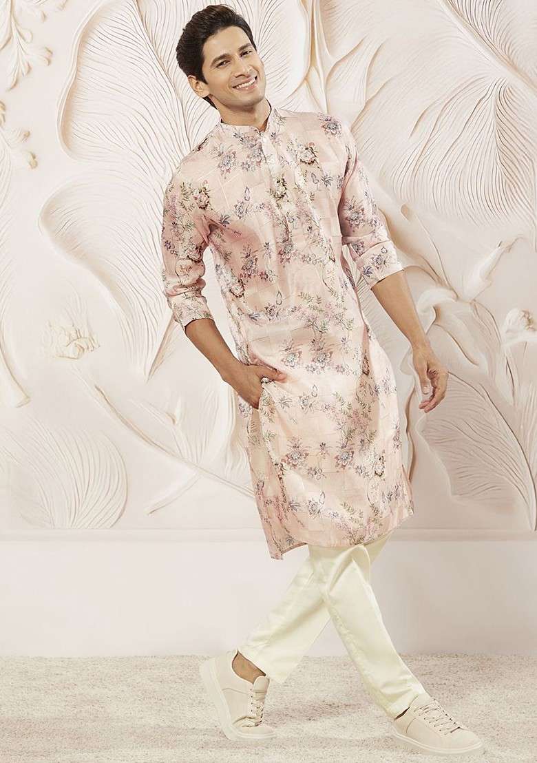 Pink Floral Print Poly Blend Kurta Set For Men - Indya