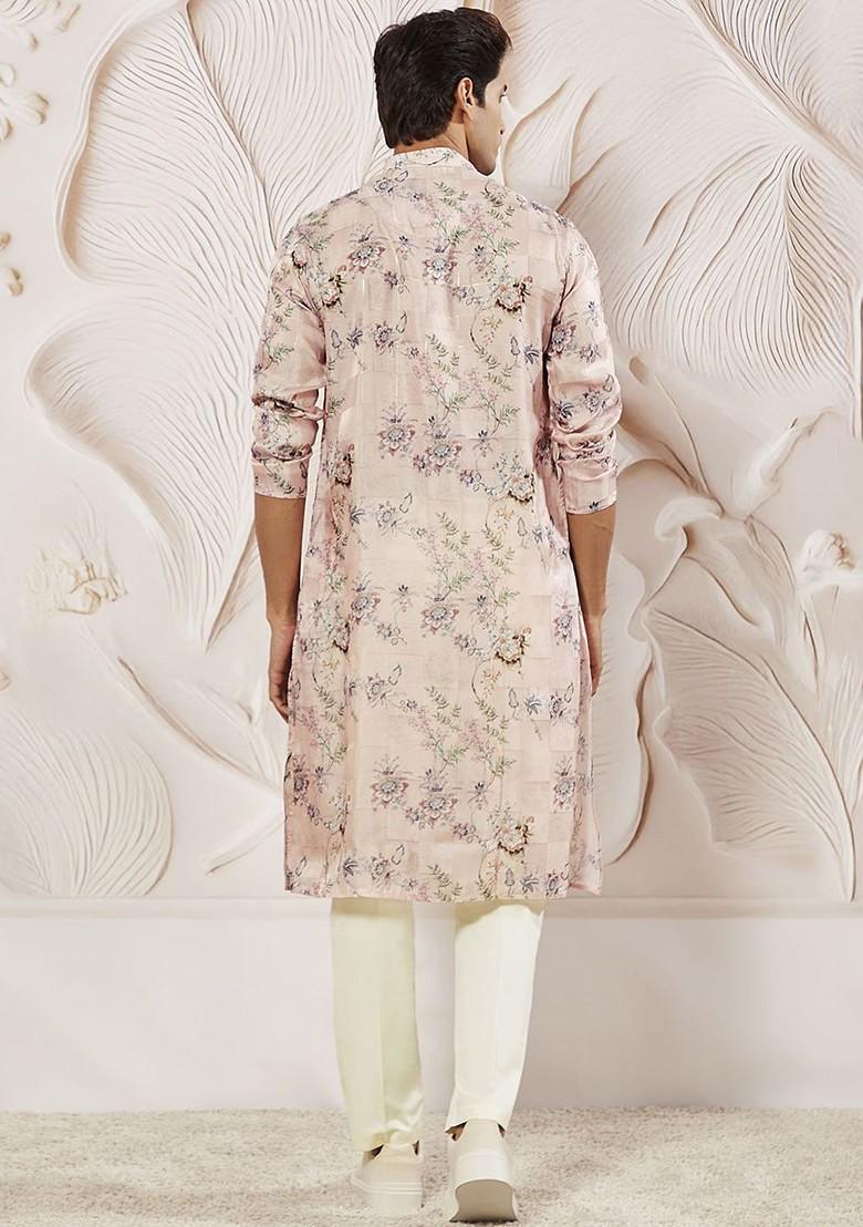 Pink Floral Print Poly Blend Kurta Set For Men