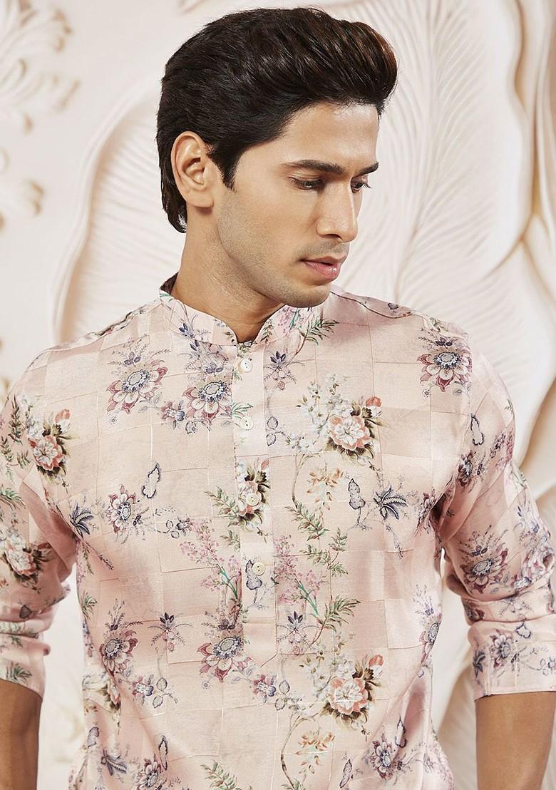 Pink Floral Print Poly Blend Kurta Set For Men