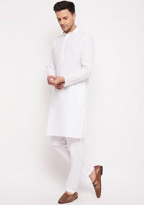 White Solid Cotton Kurta Set For Men