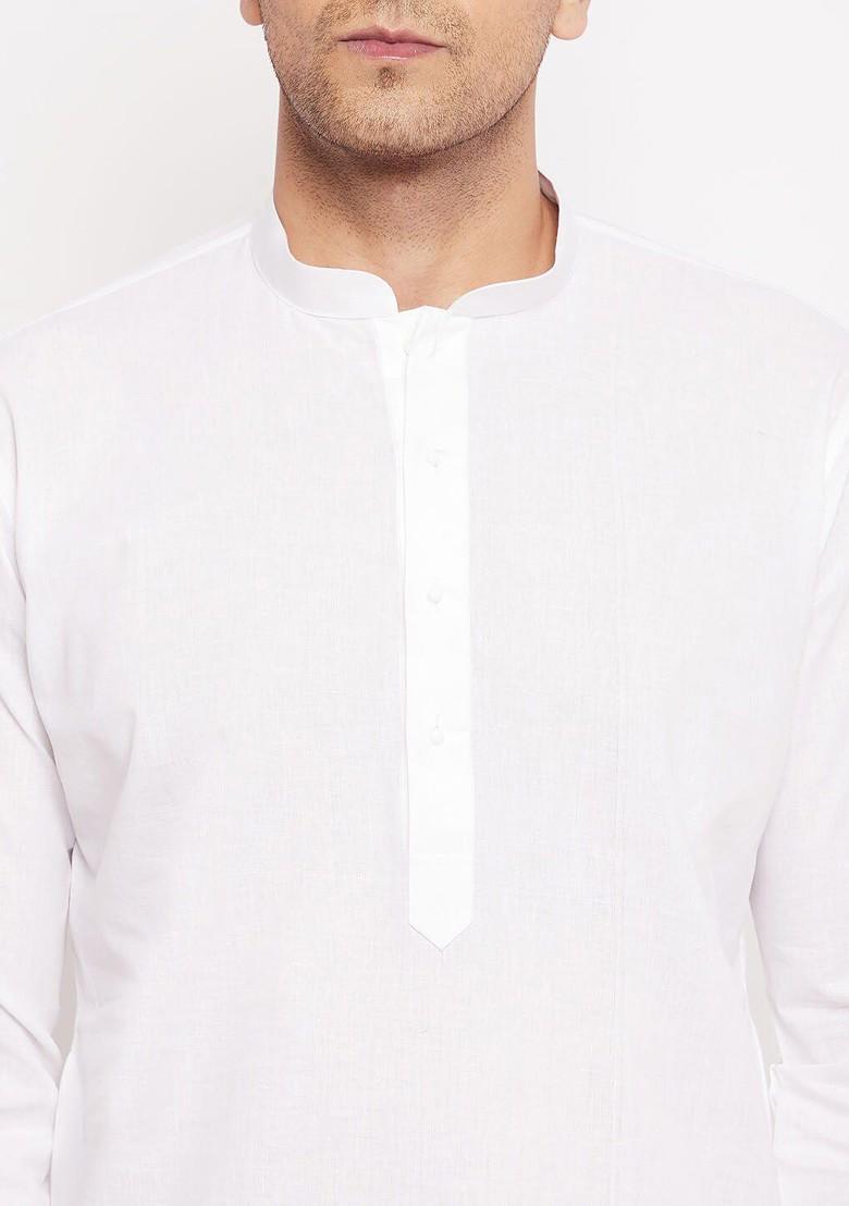 White Solid Cotton Kurta Set For Men