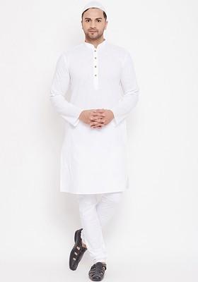 White Solid Poly Blend Kurta Set For Men
